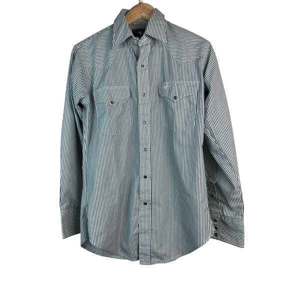 Flying R Ranchwear by Ruddock Men's 15-33 Green Striped Pearl Snap Western Shirt - Picture 1 of 7